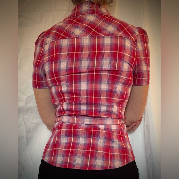 Uno Core Pink & Purple Plaid Short Sleeve Shirt with Pearl Snap Buttons & Tie - Picture 3 of 7